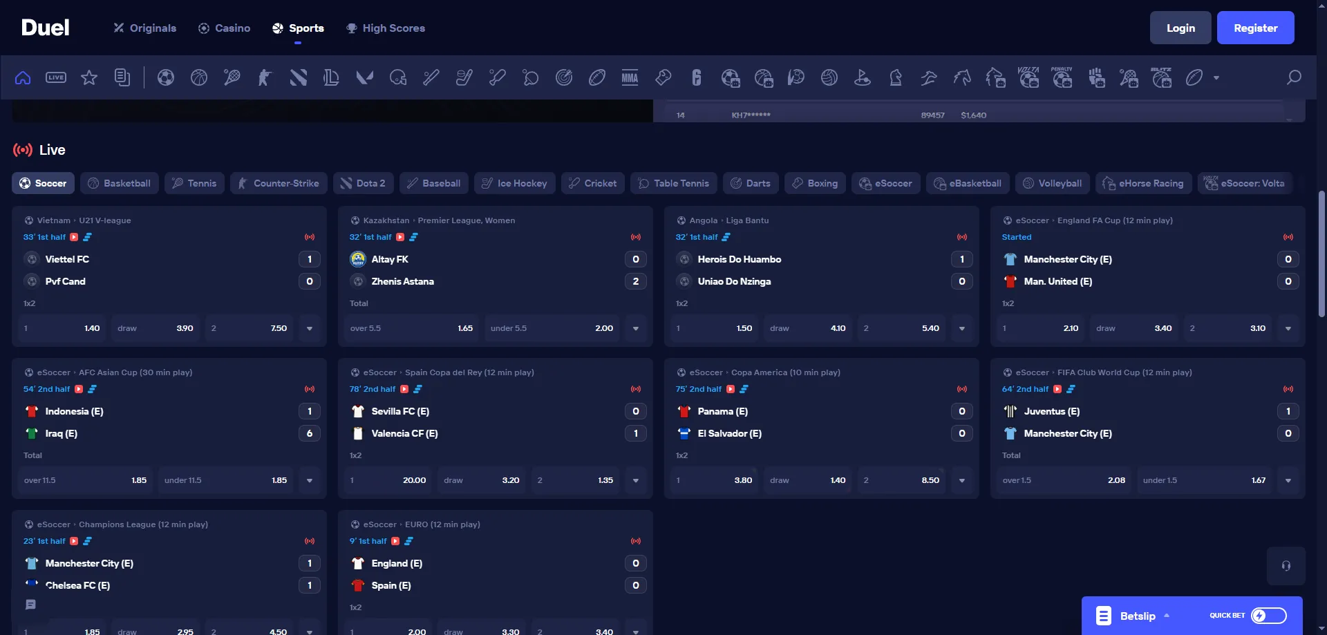 Apuestas deportivas en Duel Casino — sportsbook con mercados en vivo