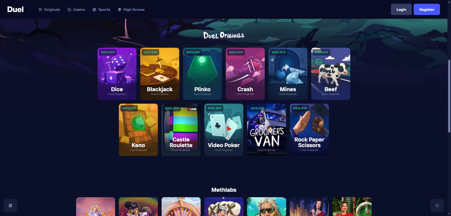 Slots y juegos originales en Duel Casino — RTP hasta 100%
